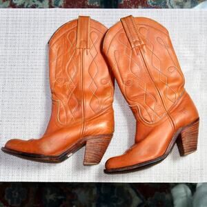 Womens Frye Vintage USA Stacked Heel Brown Leather Cowboy Western Boots Size 6.5